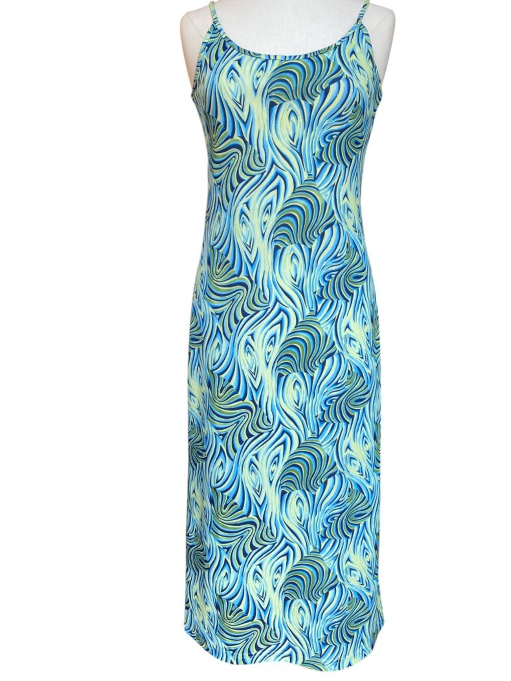 Vintage 90s Express Tricot Psychedelic Swirl Sleeveless Maxi Dress Blue Green-S